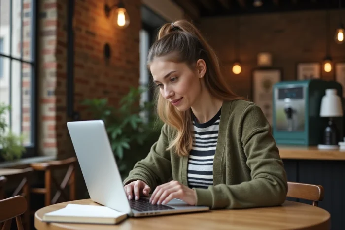 Jeune enseignante accédant au webmail académique Sklunk depuis un café avec son ordinateur portable
