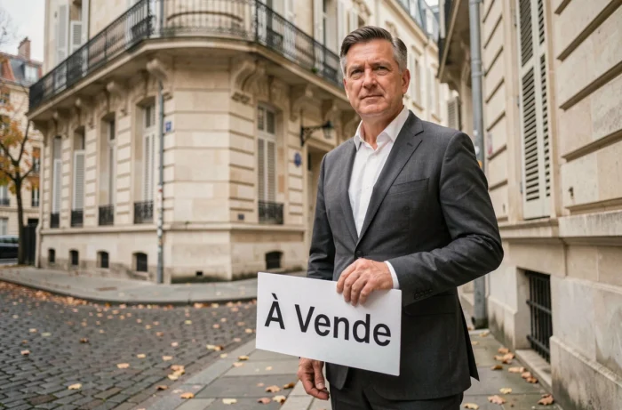 Agent immobilier tenant un panneau À Vendre devant un immeuble haussmannien parisien, illustrant l'actualité et les tendances du marché immobilier français