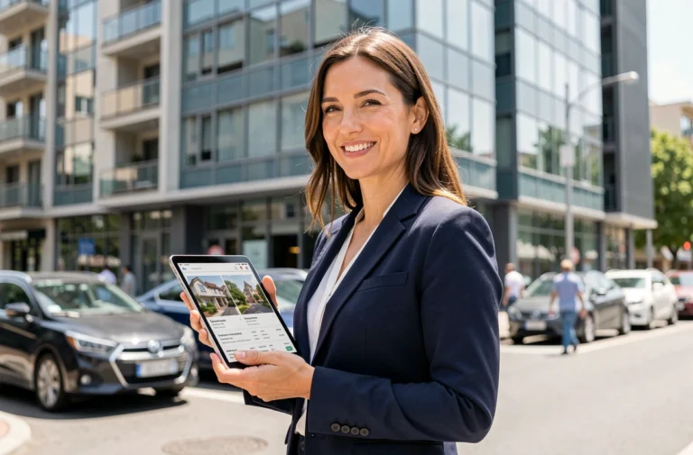 Agent immobilière professionnelle tenant une tablette devant un immeuble moderne en verre, illustrant les tendances du marché immobilier urbain