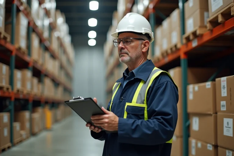 Agent logistique en uniforme dans l'entrepot de Harnes