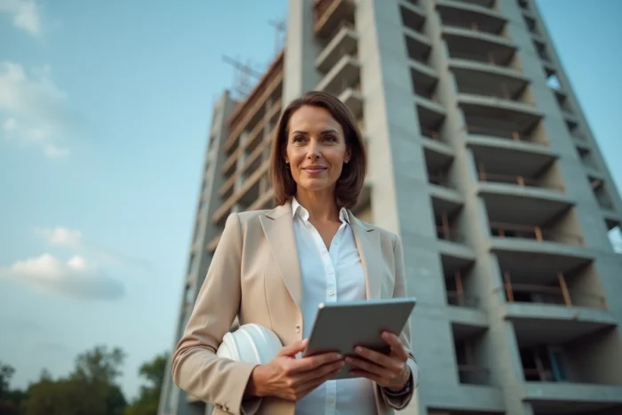 Une agente immobilière professionnelle devant un immeuble résidentiel en construction avec une tablette affichant des données du marché