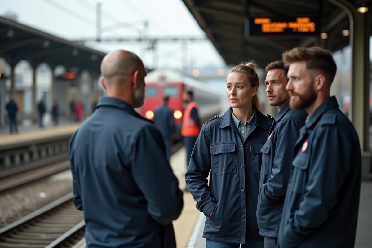Groupe de cheminots discutant sur une plateforme de train