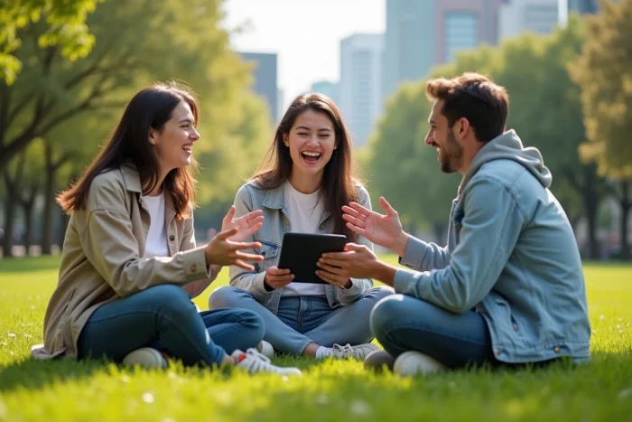Groupe d'amis assis dans un parc urbain, riant et débattant autour d'un quiz de questions insolites sur une tablette