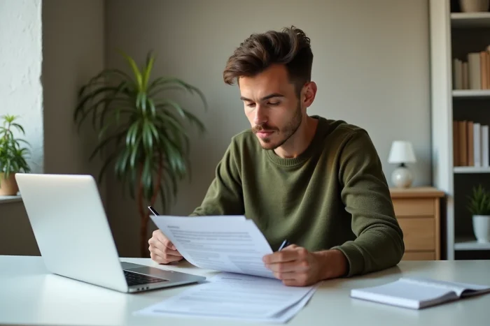 Un jeune homme analyse un contrat immobilier à son bureau à domicile avec un simulateur de prêt ouvert sur son ordinateur