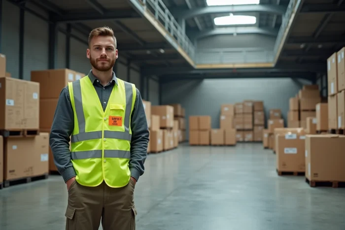 Apprenti seul dans un entrepôt logistique devant un panneau de sécurité illustrant les obligations légales en milieu professionnel
