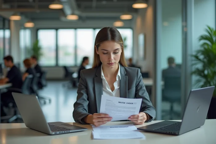 Jeune apprentie seule au bureau consultant les obligations légales de son contrat d'apprentissage sur documents imprimés