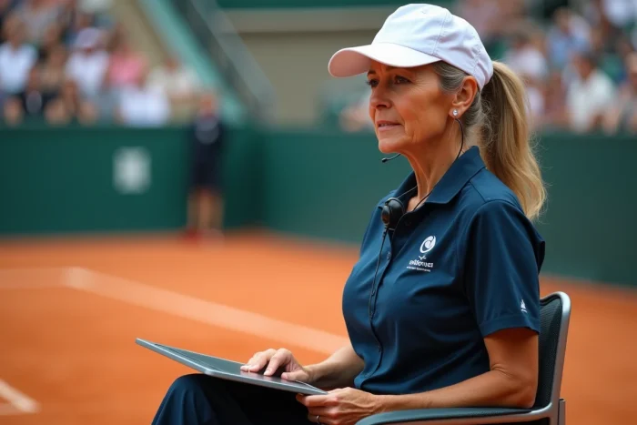 Arbitre de chaise de tennis supervisant un match sur terre battue depuis sa chaise officielle