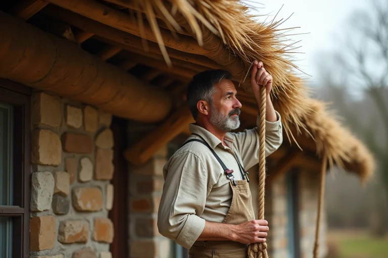 Artisan chaumier attachant des bottes de chaume sur la charpente d'un toit de ferme en Normandie