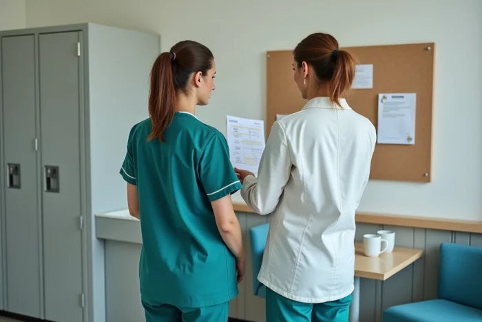 ASH et aide soignante en salle de pause d'un établissement médico-social consultant le planning de travail ensemble