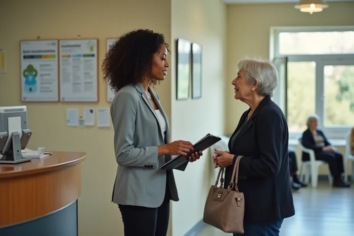 Une travailleuse sociale explique les dispositifs d'aides pour financer les services ADMR à une personne âgée