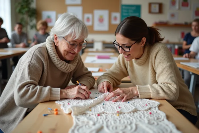 Deux femmes collaborant sur un projet de dentelle aux fuseaux dans un atelier communautaire de couture