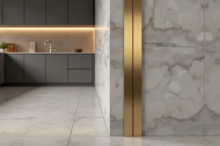Angle sortant de cuisine carrelée en grès cérame gris avec baguette de finition en inox brossé doré installée verticalement sur toute la hauteur du mur