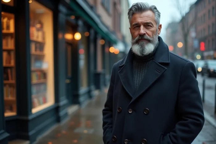 Homme d'une quarantaine d'années avec une barbe pleine et élégante, manteau marine, dans une rue urbaine en automne, style barbe tendance 2026