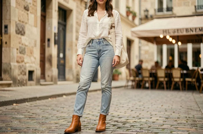 Femme portant des bottines Liberto en cuir caramel avec un jean slim et une blouse en lin, dans une rue pavée d'un quartier français