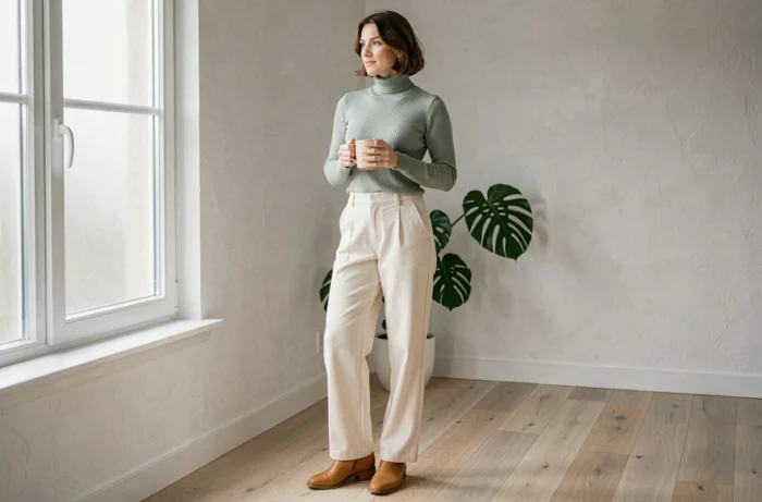 Donna in interno scandinavo che indossa scarpe Liberto in pelle tan con pantaloni ampi crema e un dolcevita verde salvia