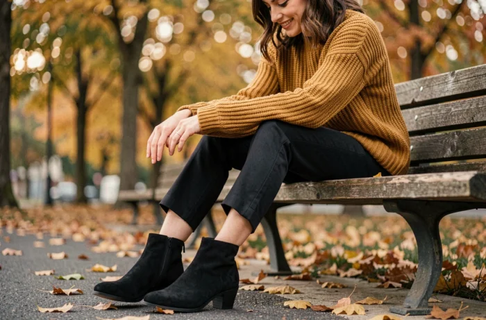 Donna seduta su una panchina di legno con scarpe Liberto in camoscio nero e un maglione a maglia senape, circondata da foglie d'autunno