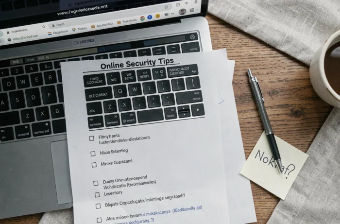 Vue aérienne d'un bureau avec checklist de précautions et adresse Nokraf ouverte sur navigateur