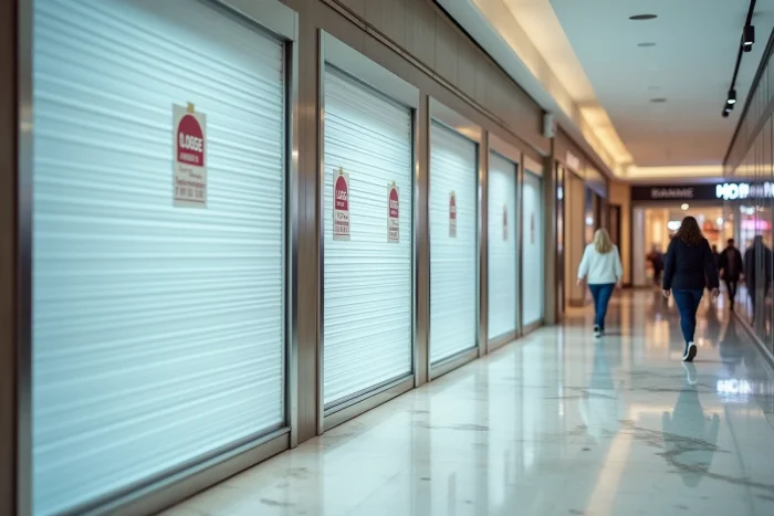 Couloir de centre commercial français avec plusieurs enseignes fermées et panneaux de fermeture définitive