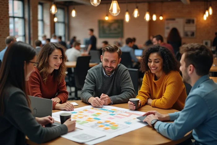 Groupe de professionnels collaborant autour d'une feuille de route de services B2B sur mesure dans un espace de coworking moderne
