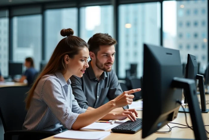 Deux collègues consultant ensemble les dernières actualités sur un écran dans un bureau éditorial