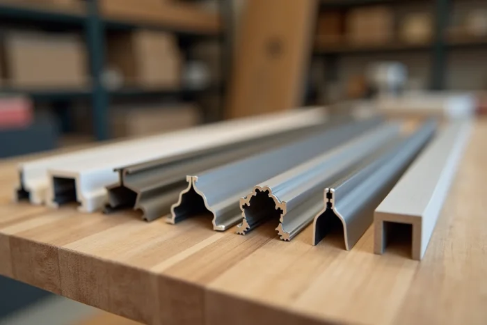 Comparaison de différentes baguettes de finition pour angle sortant en aluminium, inox et PVC posées sur un établi avec des échantillons de carrelage