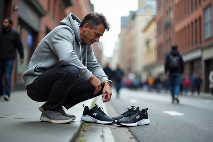 Homme comparant deux paires de Skechers en plein air pour identifier une paire authentique grâce aux détails du logo et de la semelle