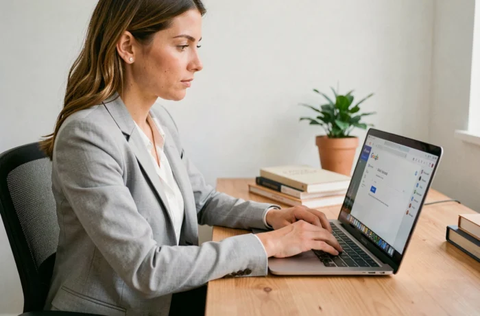 Femme configurant sa messagerie académique Versailles sur Gmail depuis un bureau à domicile