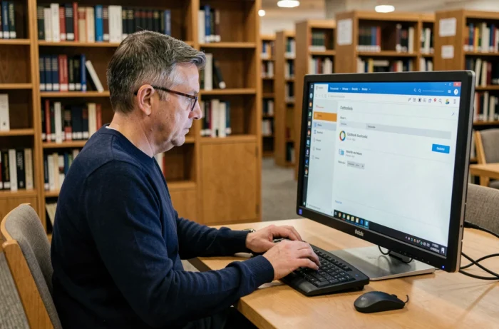 Insegnante che configura la posta di Versailles su Outlook in una biblioteca universitaria