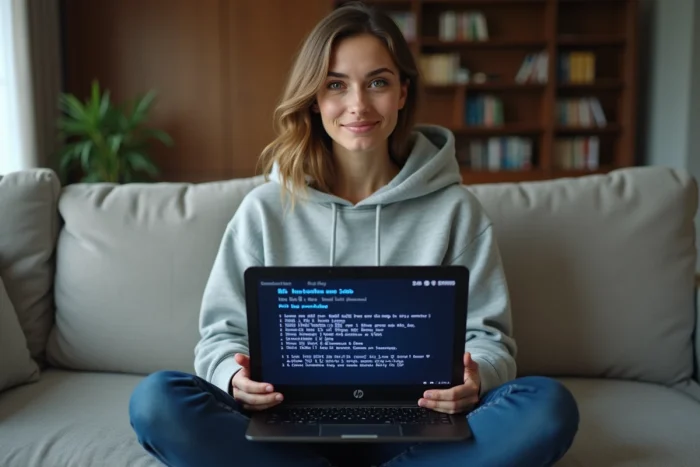 Femme configurant les paramètres UEFI Legacy sur un ordinateur portable HP depuis son salon