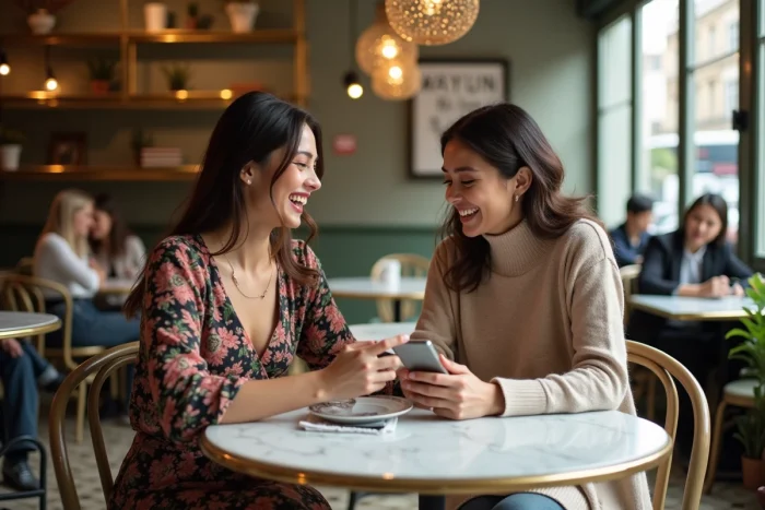 Deux femmes partageant des conseils maternité et actualités bien-être autour d'un café dans un bistrot parisien