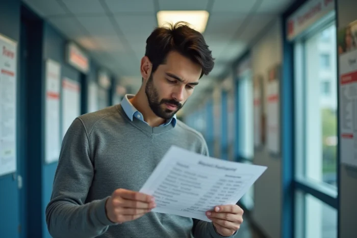 Homme consultant les horaires et l'adresse de la CPAM 92 sur un document imprimé
