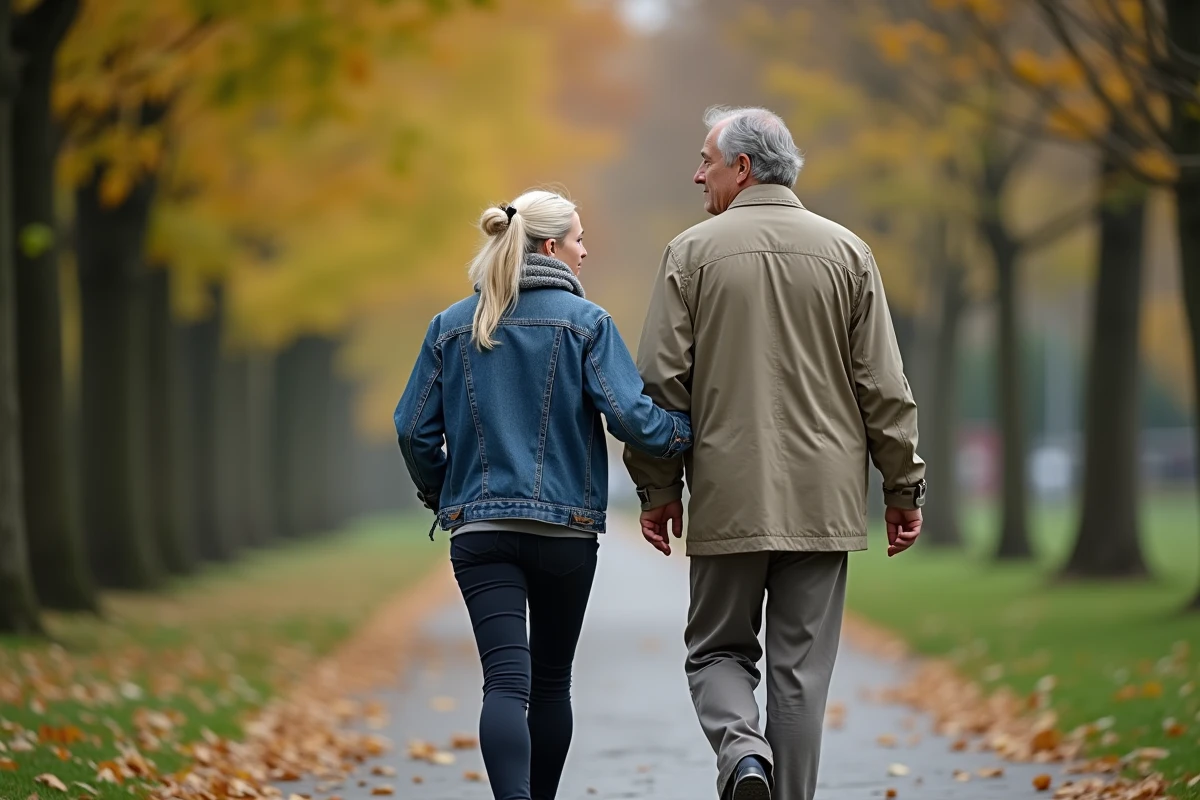 Couple walking in an urban park in autumn