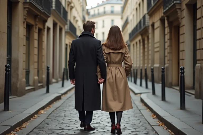 Couple discret marchant dans une ruelle parisienne pavée en automne, préservant leur vie privée loin des regards