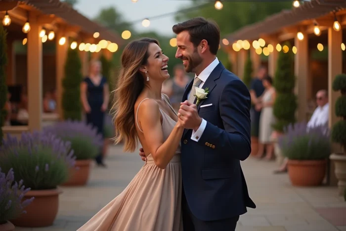 Couple souriant dansant le madison lors d'une réception de mariage en plein air sous des guirlandes lumineuses