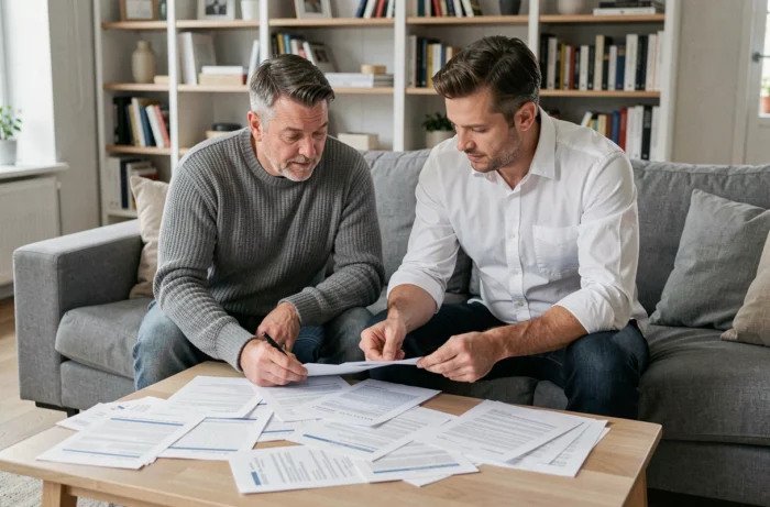 Couple planifiant leur avenir financier ensemble dans un salon moderne, analysant des documents d'épargne et d'investissement
