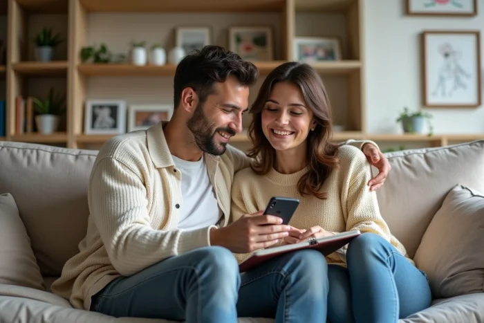Couple planifiant ensemble les tâches familiales sur un carnet dans un salon cosy et organisé