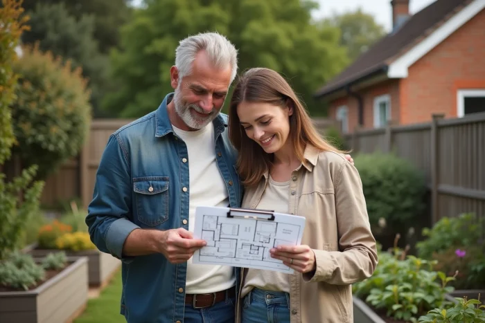 Couple examinant des plans d'aménagement dans leur jardin lors d'un projet de rénovation extérieure