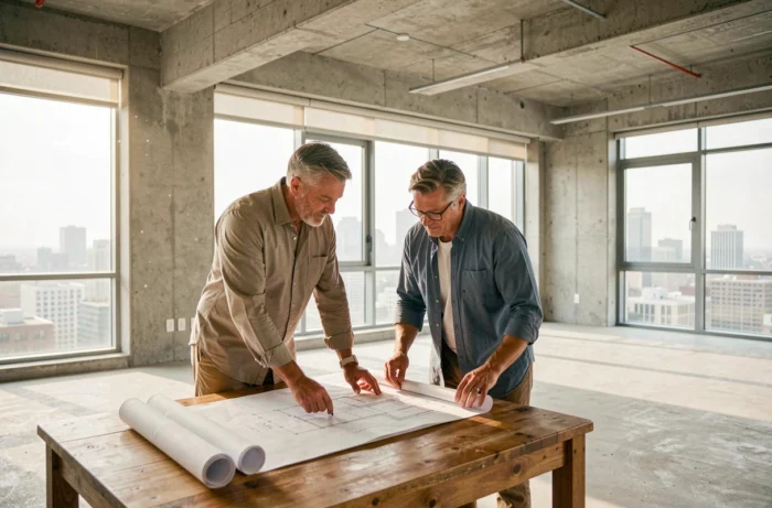 Couple examinant des plans architecturaux dans un appartement vide avec vue sur la ville, représentant l'achat immobilier et les nouvelles tendances du marché