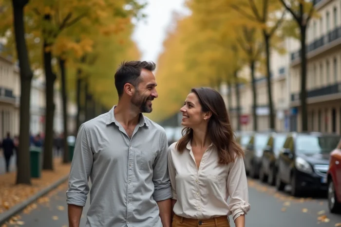 Couple discret se promenant dans une rue parisienne en automne, atmosphère intime et naturelle