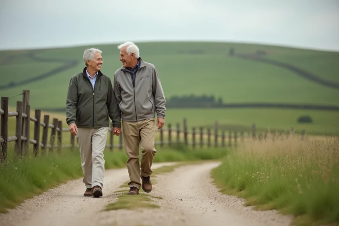 Couple de seniors marchant à allure régulière sur un sentier de campagne pour améliorer leur endurance