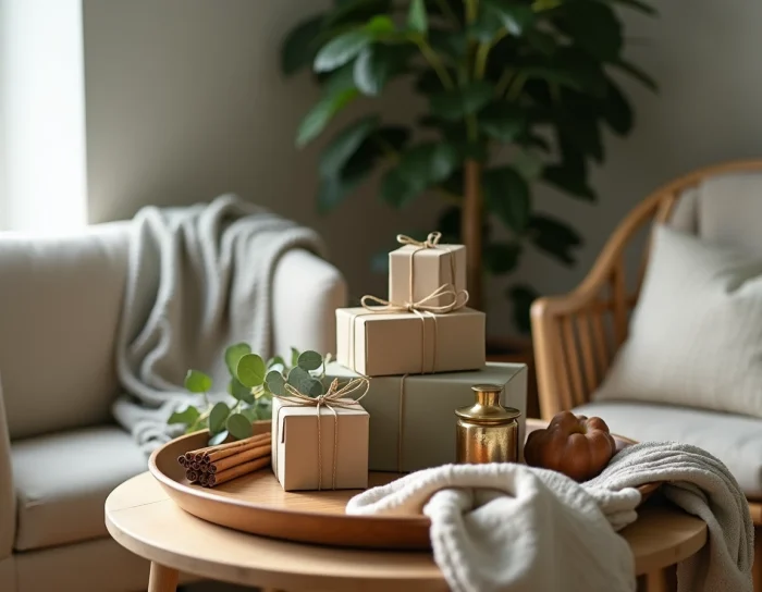 Coin déco intérieur avec plateau de cadeaux emballés, bougeoir en laiton et plante d'intérieur pour ambiance raffinée