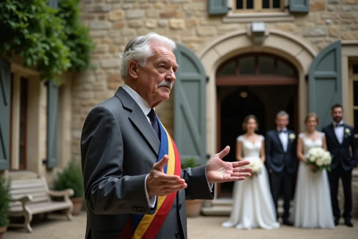 Maire prononçant un discours de mariage en extérieur devant la façade en pierre d'une mairie historique française