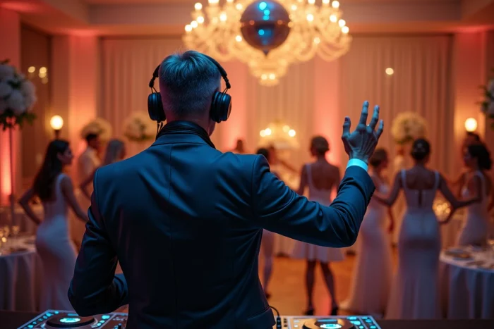 DJ animant une piste de danse madison lors d'un mariage élégant dans une salle de réception moderne