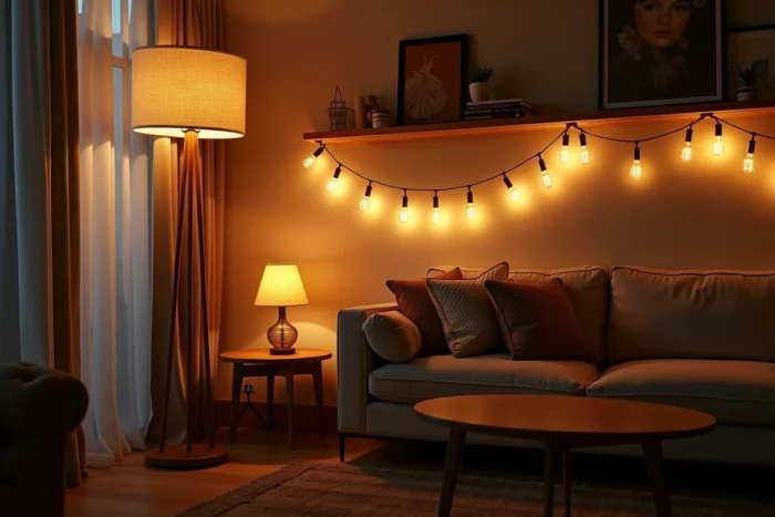 Coin salon avec plusieurs sources d'éclairage d'ambiance : lampe sur pied, lampe de table et guirlande d'ampoules Edison sur une étagère, sans plafonnier