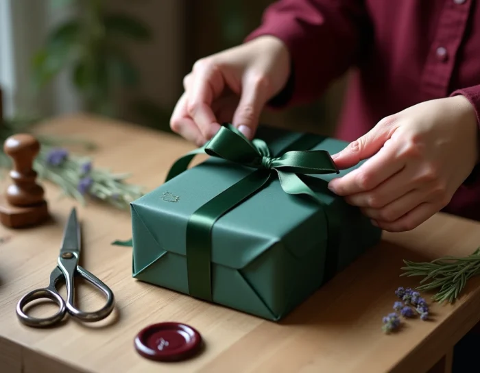 Mains féminines emballant un cadeau en papier vert avec ruban satiné, cachet de cire et lavande séchée sur table en bois