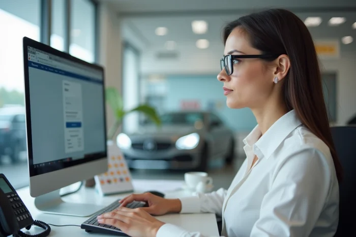 Employée d'une concession automobile consultant un guide pour résoudre un problème de connexion Autossimo