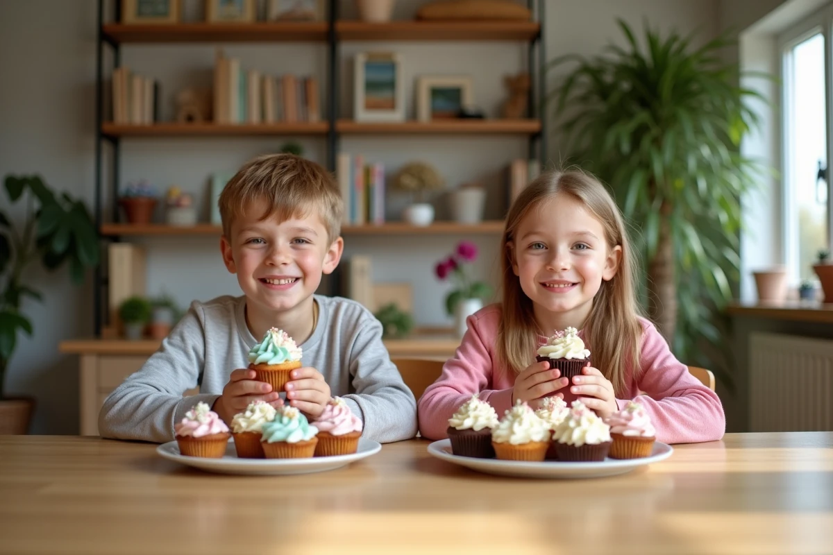 Deux enfants fiers présentant leurs cupcakes décorés avec joie