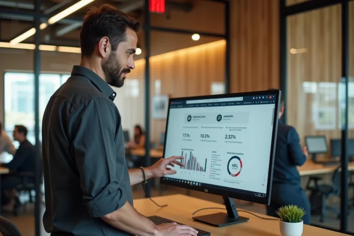 Entrepreneur masculin interagissant avec un écran tactile présentant une solution e-commerce personnalisée dans un espace de co-working