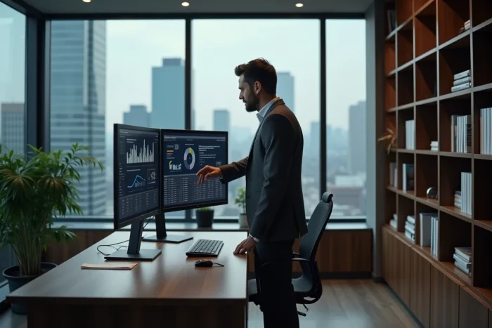 Entrepreneur masculin travaillant sur des outils CRM et tableaux de bord analytiques B2B dans un bureau exécutif avec vue sur la ville