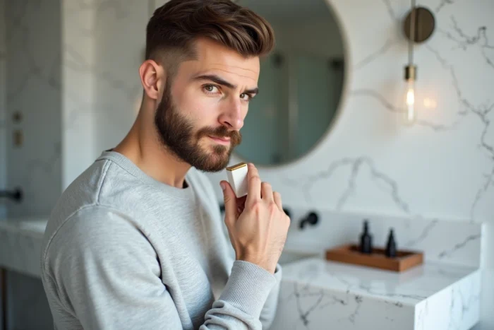 Jeune homme appliquant de l'huile à barbe devant un miroir dans une salle de bain minimaliste, entretien barbe courte tendance 2026